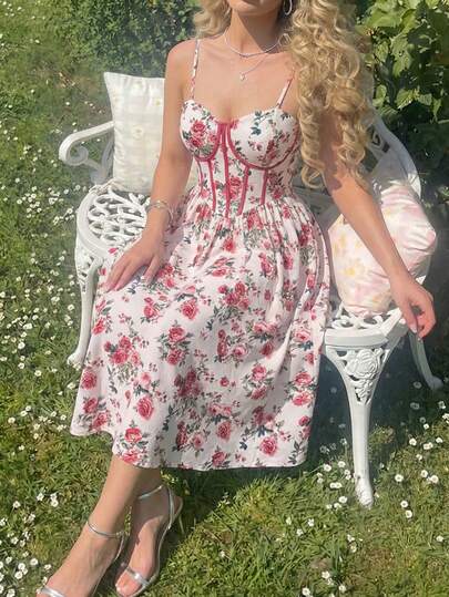 SHEIN MOD Plus Size Boho Floral Midi Dress With Spaghetti Straps For Garden Parties,Women's Cami Dress With Floral Print And Colorblock Trim, Painterly Style, ,Dresses For Women Summer/Fall,Pastoral Retro,Birthday Dress Floral Midi Dress Garden Party Dress Rose Print Dress Corset Midi Dress,Birthday Women Casual Dress Midi Dress,Wedding Guest Dress Women,Birthday Dresses For Women Classy Dress Milkmaid Dress,Christmas, Valentine's Day