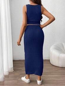 SHEIN 2pcs Maternity Solid Color Round Neck Ribbed Tank Top And Adjustable Waist Midi Skirt Casual Set - Navy Blue - View 2