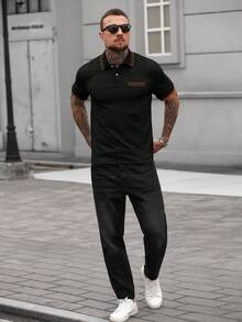 Manfinity CasualCool 男士夏季休闲商务通勤纹理面料撞色条纹包边短袖Polo衫 - 黑色 - 查看 4