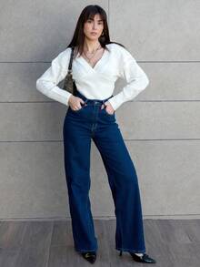 Hitanina 休闲高腰直筒洗水牛仔裤 - 深色水洗藍 - 查看 4