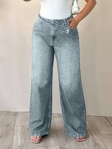 EURMUSE 100% Cotton Plus High Waist Asymmetric Belt Wide Leg Jean - Dusty Blue - View 7