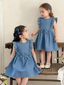 SHEIN Vintaside Kids Girls' Denim Dress With Lace Trim Ruffle Sleeves, Sweet Casual Pleated Waist For, Baby Girl - Blue - View 3