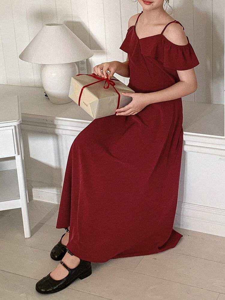 Tween Girl Solid Color Ruffle Trim Off-Shoulder Fashionable Dress Summer