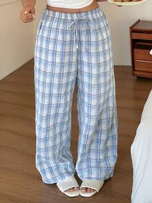 Dazy Plus 大码女式休闲格子印花睡裤 - 藍色 - 查看 5