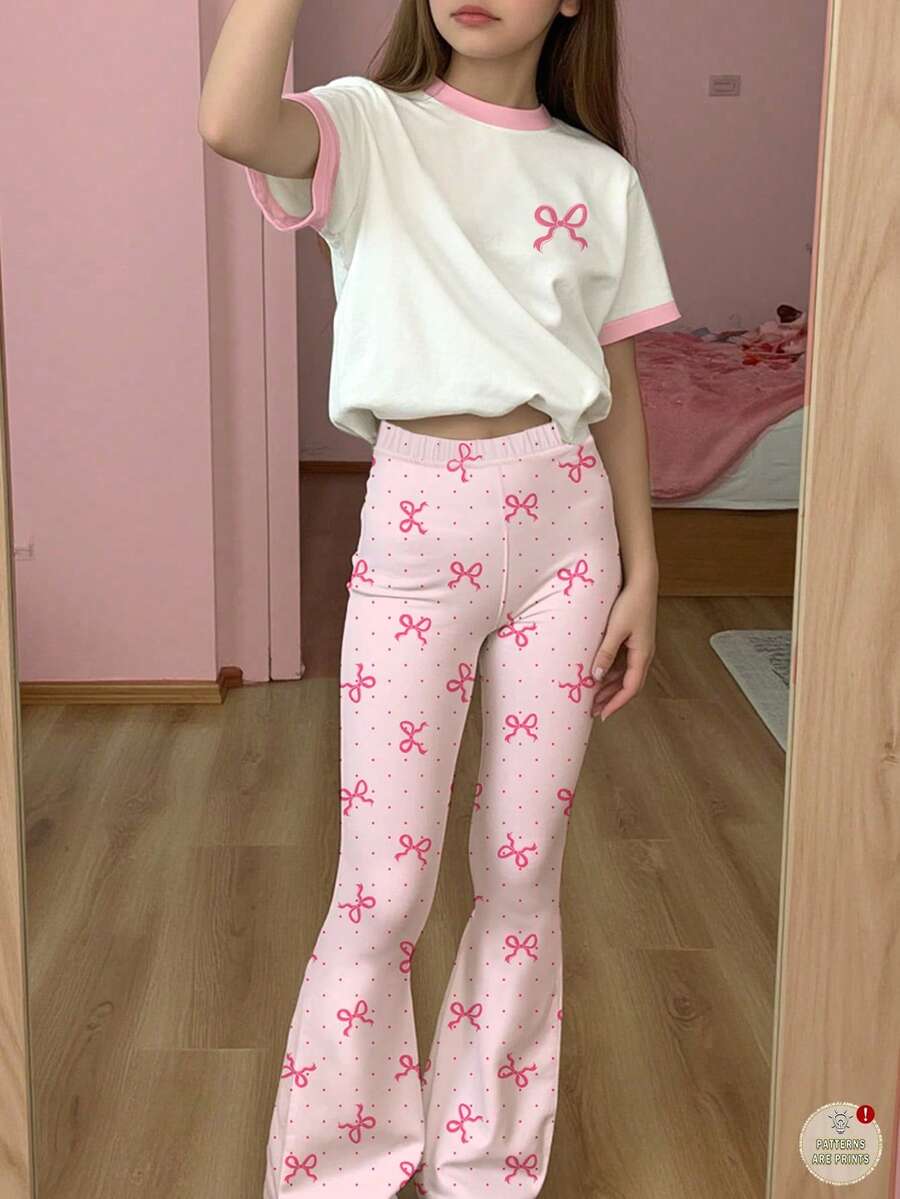 SHEIN Leap Crew 2pcs Tween Girls' Casual Sweet Pink Polka Dot Bow Print Short Sleeve Top And Pants Set, Suitable For Summer Family Outing, Easy Comfort, Casual Wear - Multicolor - View 1
