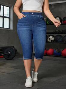 Flexra 大码女式高腰口袋修身休闲百搭七分牛仔裤 - 深色水洗藍 - 查看 3