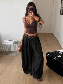 Coolane Women's Spring/Summer Streetwear Casual Hippie Party Y2K Chic Preppy Black Wide Leg Curved Hem Pants With Pockets - Black - View 2