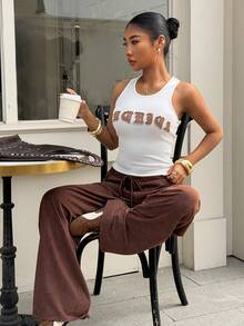 Muchica Women's Letter Embroidered Crew Neck Tank Top And Pants Knit Sportswear Set,Jogging Set,Spring Outfit Women, Going Out Outfits - Multicolor - View 1