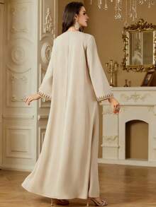 INAWLY Đầm nữ tay dài dáng rộng, cổ chữ V, thêu họa tiết, thanh lịch. - Màu be - Xem 2