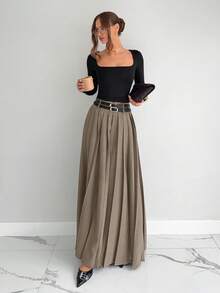 Siren Gaze 2025秋冬新款百褶裙，高腰A字裙，双腰带设计，侧开衩口袋，复古风格长裙，优雅正式休闲工作派对皆宜，适合通勤/商务/外出/教师/日常穿着，秋冬必备单品 - 摩卡棕 - 查看 3