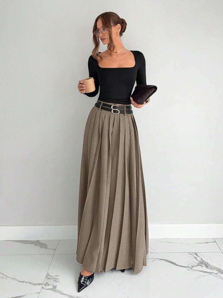 Siren Gaze Falda plisada de mujer para otoño e invierno, nueva falda de cintura alta tipo A-line con doble cinturón y bolsillos laterales con abertura, falda larga estilo "Old Money" para mujer, elegante y formal para trabajo, casual, fiesta, adecuada para ir a la oficina, negocios, salidas, profesora, uso diario, falda imprescindible para otoño e invierno - Marrón Mocha - Añade 3