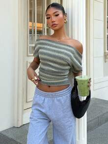 Muchica Summer Top Women's Spring/Summer Street Style Casual Y2K Everyday, Green Striped Stretch Off-Shoulder T-Shirt - Multicolor - View 5