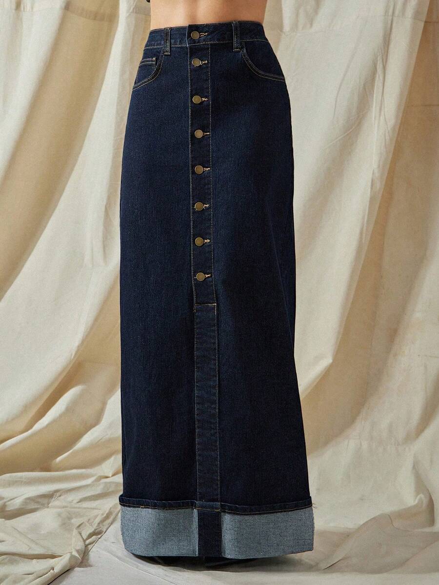 Vixey High Waist Cuffed Hem Button Up Maxi Denim Skirt With Stretch - Dark Wash - View 1