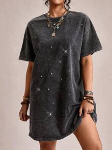 SHEIN LUNE 大码女式夏季黑色T恤连衣裙，摇滚风T恤连衣裙，圆领短袖宽松舒适休闲运动连衣裙 - 黑色 - 查看 4