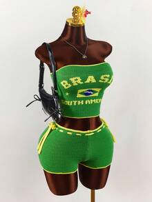 Amplova Bộ áo croptop và quần short ngắn phối màu in khẩu hiệu đội tuyển Brazil, dành cho nữ. - Nhiều màu - Xem 4