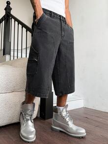 Manfinity EMRG Quần short denim đen nam kiểu dáng đường phố thường ngày, nhiều túi và họa tiết. - màu đen - Xem 4