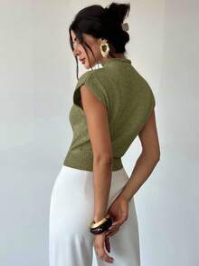 Firerie 优雅高领宽松休闲百搭无袖针织背心，适合外出穿着，秋冬季校园上衣 - 綠色 - 查看 2