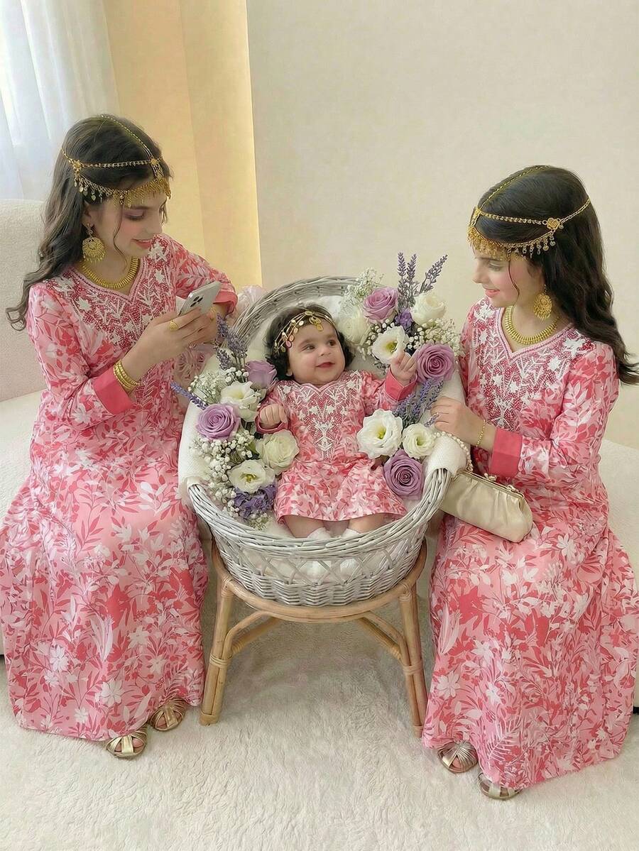 Tween Girls' V-Neck Floral Print Casual Loose Vacation Dress, Long Sleeve - Multicolor - View 1