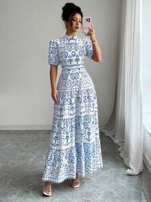 Elenzga Women's White And Blue Floral Puff Sleeve Allover Print Dress,Summer Elegant Vacation Casual Modest Lengthy Summer Dresses Outfits Cute Dress - Blue - View 6