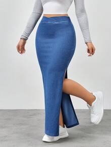 Flexra Women's Casual Fashion Street Chic Overlap Waist Split Thigh Denim Skirt - Blue - View 4