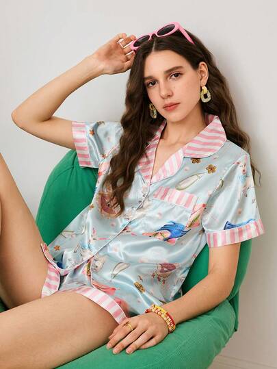 Young Fashion High-End Abstract Light Blue & Pink-White Striped Front Open 2 Pieces Women Pajama Set