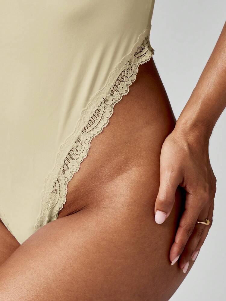 MISSGUIDED Lace Trim Bodysuit Long Sleeve Scoop Neck Women Intimate Apparel Vintage Style Feminine Lingerie Piece