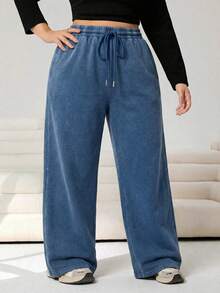 SHEIN EZwear 大码休闲抽绳腰蓝色运动裤 - 藍色 - 查看 4