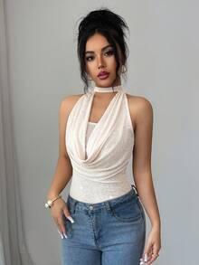 SHEIN Elenzya Women's Elegant French Mesh Foil Scoop Neck Sleeveless Halter Tie Camisole, Suitable For Daily Wear, Dates, And Partiess See Through Top Women Tops Sexy Sexy Clothes See Through Tops Bodysuit Top - Apricot - View 4