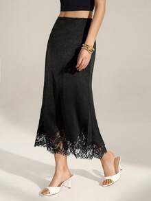 SHEIN Tall Chân váy đen thanh lịch dành cho nữ với viền ren, hoàn hảo cho những dịp trang trọng, tiệc tùng và các sự kiện trang trọng. Mẫu váy sang trọng này phù hợp hoàn hảo với trang phục mùa thu, mùa đông và những dịp thanh lịch. Lý tưởng cho cả phong cách thường ngày và dự tiệc, nó mang đến vẻ tinh tế vượt thời gian và phong cách phù hợp cho tủ quần áo của bạn. - màu đen - Xem 6