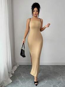 Rafferiza Vestido elegante y minimalista de mujer con cordón de ajuste, espalda descubierta y abertura lateral acanalada - Caqui - Ver 6