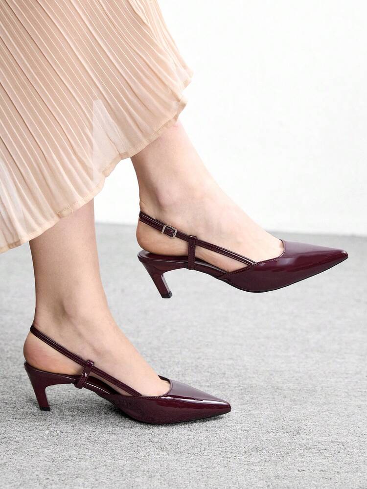 CUCCOO BIZCHIC Women Shoes Spring And Autumn New Pointed Middle Heel Burgundy Back Strap Slingback Women's High Heel Shoes Slingback Shoes Simple Commuting Daily Versatile Work Women's Shoes Spring Shoes