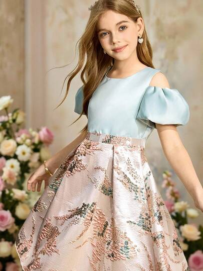 优雅花童礼服，适合毕业典礼、婚礼、舞会，祖母绿圆领露肩泡泡袖缎面花卉下摆中长连衣裙，适合少女，时尚蓬蓬公主裙，返校季必备