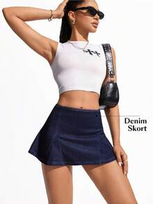 Flexra Plus Size Women High Waist Pleated Design Casual Versatile Denim Mini Skirt - Dark Wash - View 3