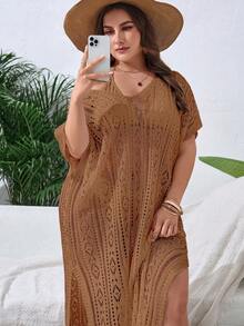 Swim Lushoire Đầm che phủ mùa hè dành cho nữ cỡ lớn, màu trơn, chất liệu dệt kim thoáng khí, xẻ tà, thích hợp cho kỳ nghỉ biển. - màu nâu - Xem 1