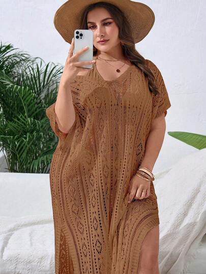 Swim Lushoire فستان غطاء للنساء ذوات الأحجام الكبيرة للصيف والعطلات الشاطئية، بلون أحادي، بتصميم مفتوح مُحبوك مع تقسيمة في الذيل