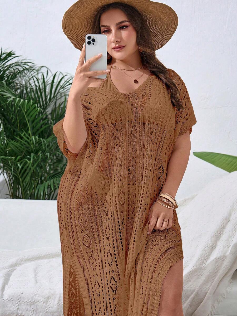 Swim Lushoire Đầm che phủ mùa hè dành cho nữ cỡ lớn, màu trơn, chất liệu dệt kim thoáng khí, xẻ tà, thích hợp cho kỳ nghỉ biển. - màu nâu - Xem 1