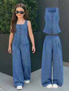 SHEIN 2pcs/Set Tween Girls Denim Shirt Vest + Loose Pants Casual Outfit, Fashionable, Versatile, Suitable For Party, Outing, Photoshoot With Sisters, Park, Camping, Vacation, Daily Casual Wear - Blue - View 1