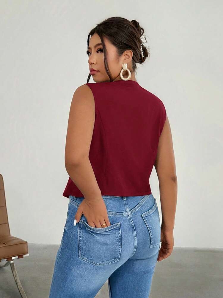 Firerie Plus Size Summer Casual Contrast Lace Solid Color Single-Breasted Vest - Redwood - View 2