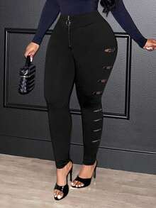 Slaydiva Quần skinny giả da màu đen cạp cao cỡ lớn, phù hợp cho mùa xuân, hè, thu và đông - Màu đen - màu đen - Xem 1