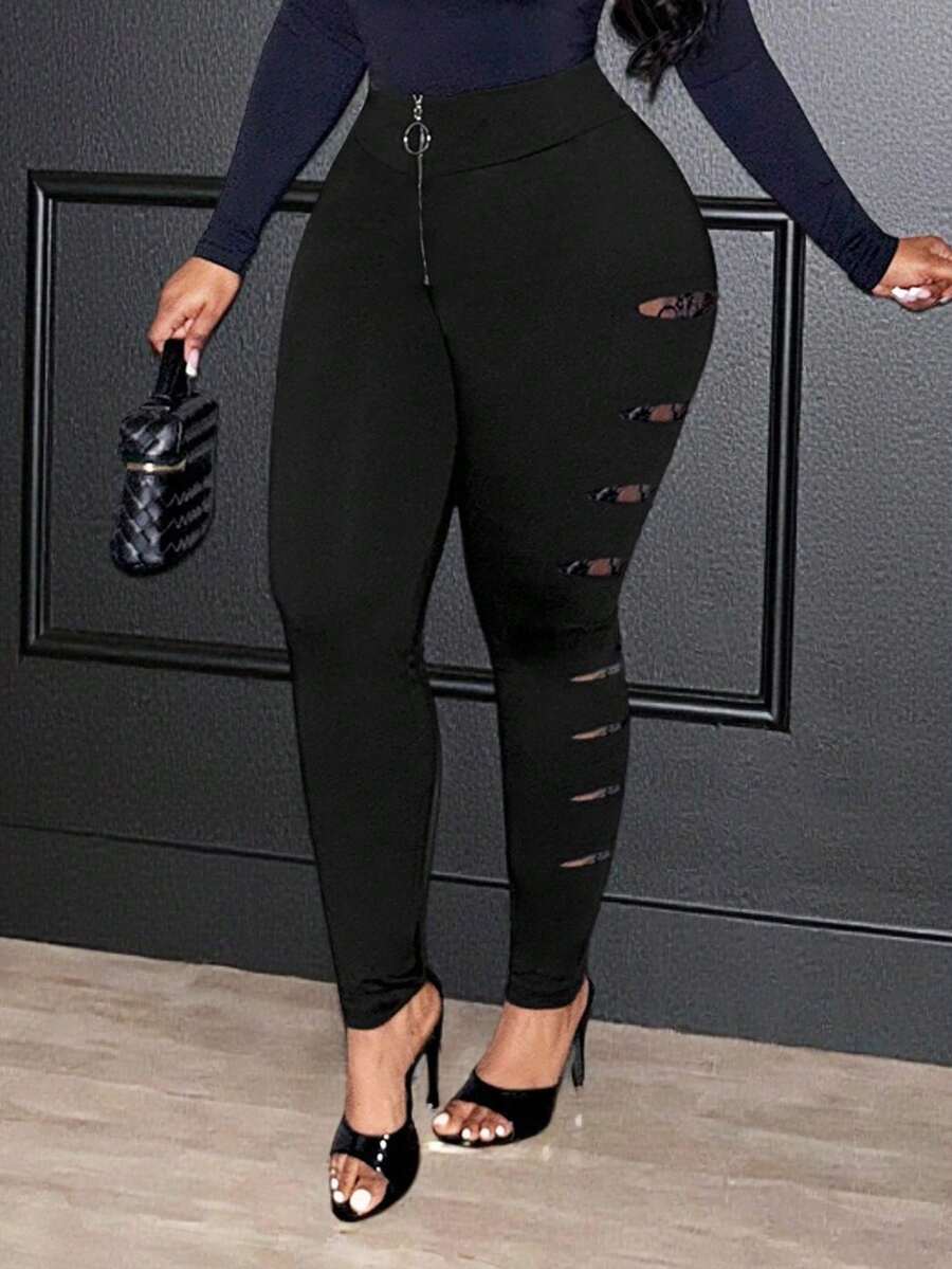 Slaydiva Quần skinny giả da màu đen cạp cao cỡ lớn, phù hợp cho mùa xuân, hè, thu và đông - Màu đen - màu đen - Xem 1