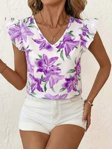 SHEIN Clasi 女士印花V领荷叶边下摆休闲衬衫 - 紫色 - 查看 4