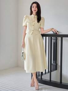DAZY 女士优雅纯色立领泡泡袖假口袋衬衫半裙两件套，春夏婚礼宾客礼服 - 黃色 - 查看 4