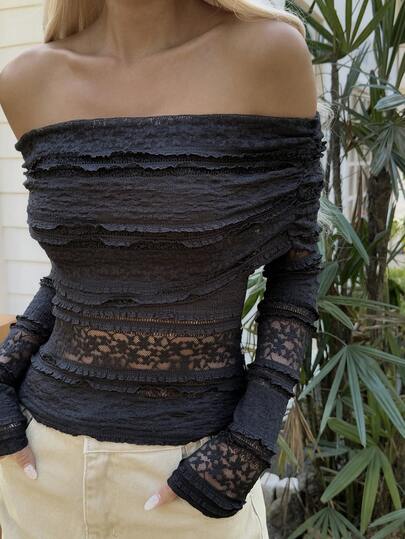 Livesso Black Hollow Lace Blouse Off Shoulder Top, Casual Vacation Street Style Crochet Beach Resort, Women White Long Sleeve T-Shirt