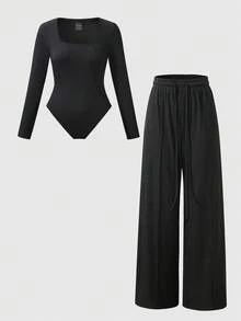 LanaWest 2pcs Black U-Neck Wide Leg Jumpsuit, Casual Slim Fit Fashion Minimalist Jumpsuit, Women - Black - View 1