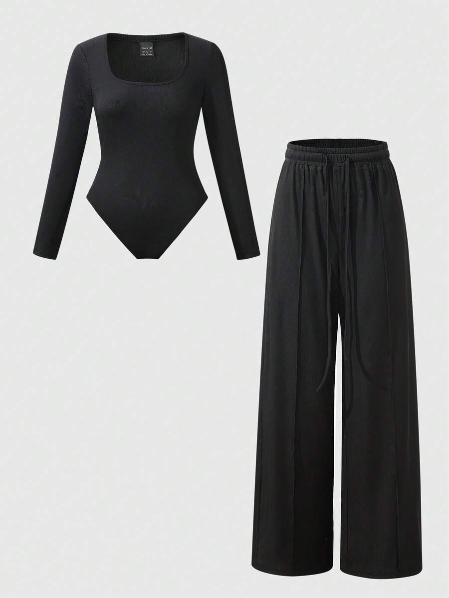 LanaWest 2pcs Black U-Neck Wide Leg Jumpsuit, Casual Slim Fit Fashion Minimalist Jumpsuit, Women - Black - View 1