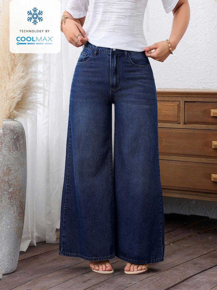 SHEIN PETITE 女款口袋鈕扣休閒百搭日常穿著寬腿牛仔褲,適合嬌小女性 - 深色水洗藍 - 查看 1