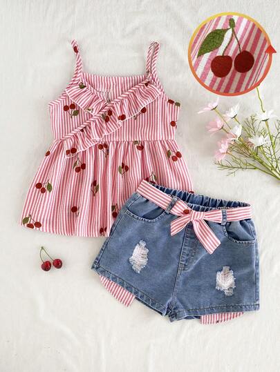 SHEIN Vintaside Kids Girls' Pink Casual Fitted Ruffle Camisole Top & Blue Distressed Denim Shorts 2pcs Set With Plaid Belt, Stylish & Versatile Daily Wear