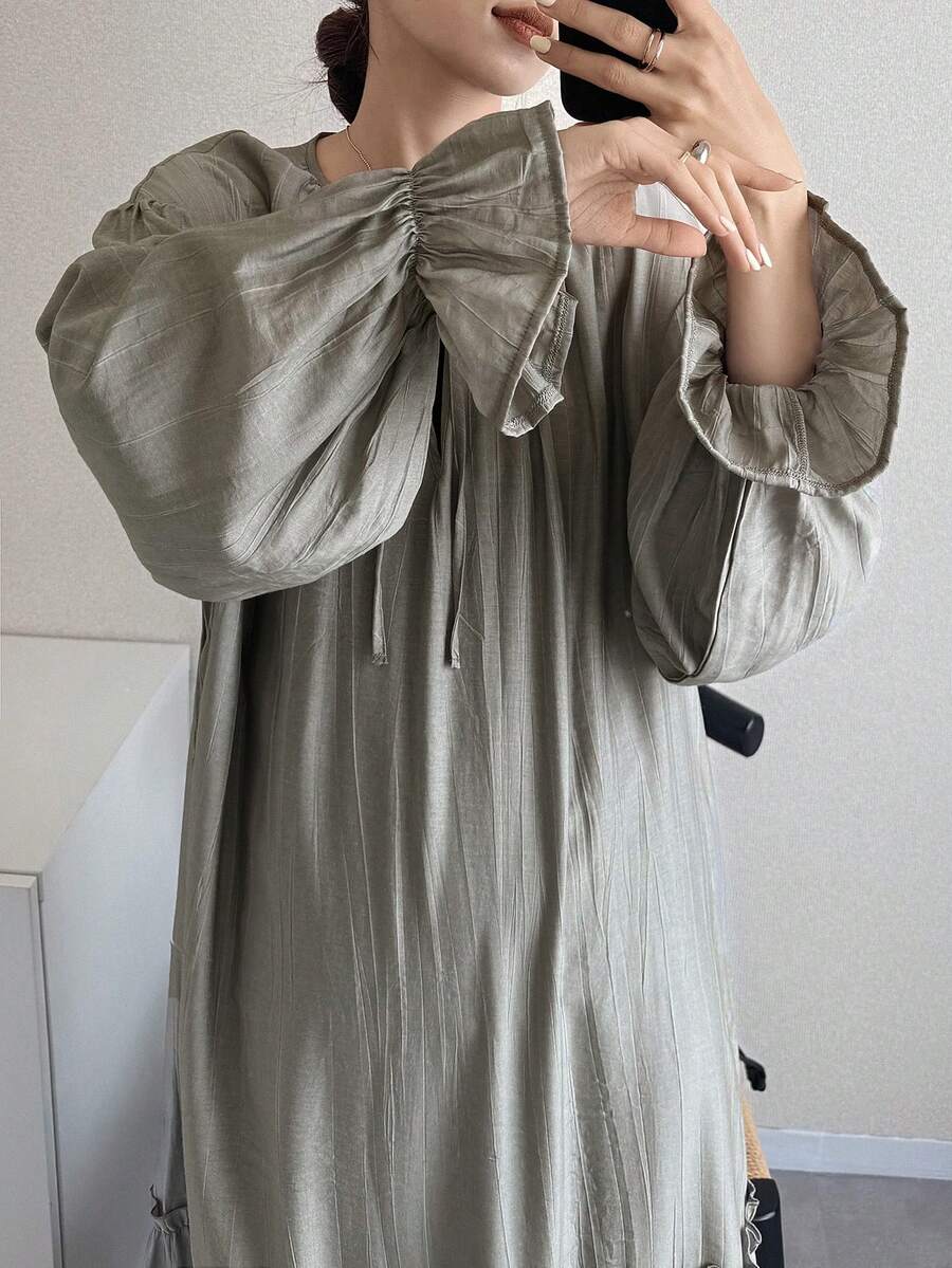 FRIFUL Women's Round Neck Drawstring Tie Hem Layered Ruffle Hem Loose A-Line Dress - Grey - View 1