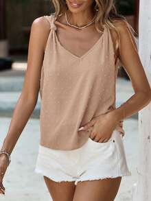 SHEIN Frenchy Áo không tay màu trơn dành cho nữ, áo mùa hè, áo kiểu mùa hè. - Màu Khaki - Xem 4