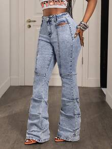 BamGleam Women's High Waist Cutout Ruched Flare Leg Casual Jeans - Light Wash - View 3